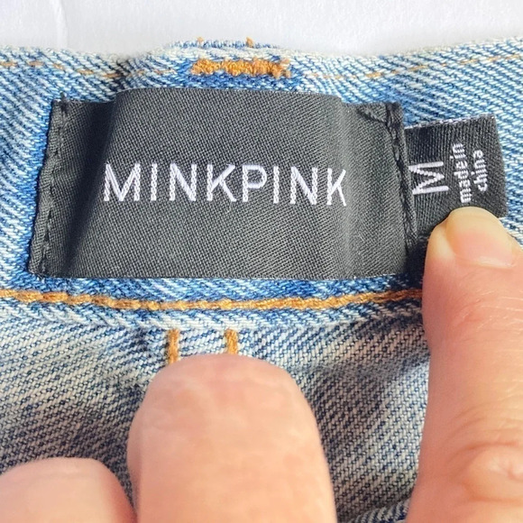 MinkPink High Waist Distressed Denim‎ Jean Shorts, Button-Fly, Size Medium - Picture 3 of 9